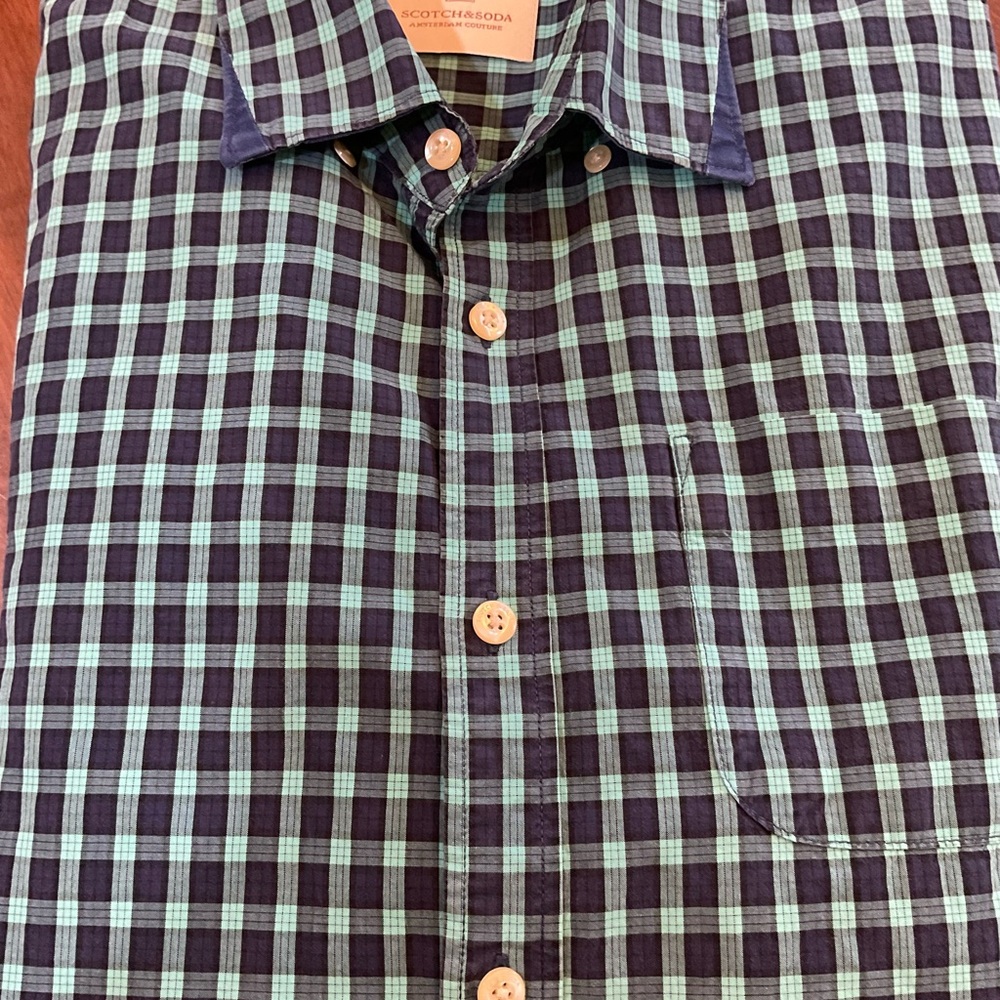 Scotch & Soda Long Sleeve Button Down Blue and Green Plaid Size Large